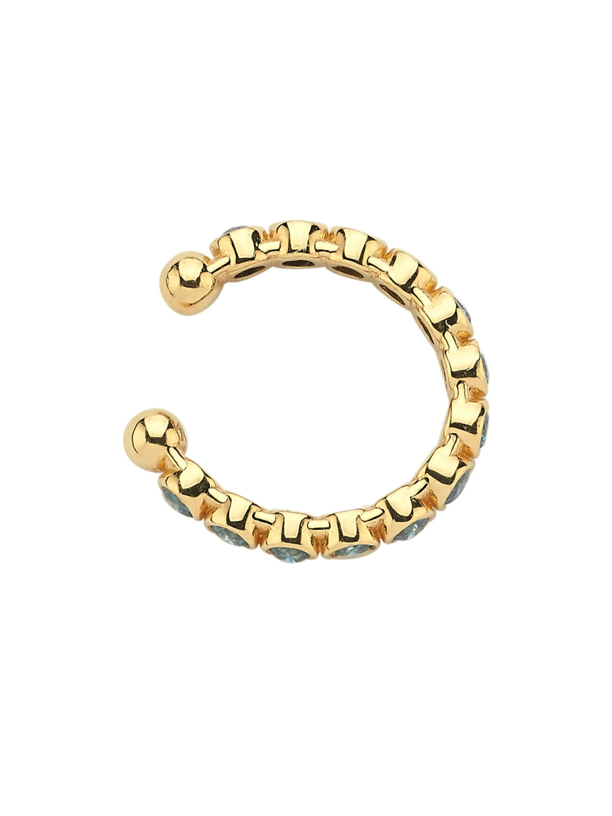 18k gold stacking earcuff with blue diamond and stackable and no piercing required, worn view | MIREL Fine Jewelry