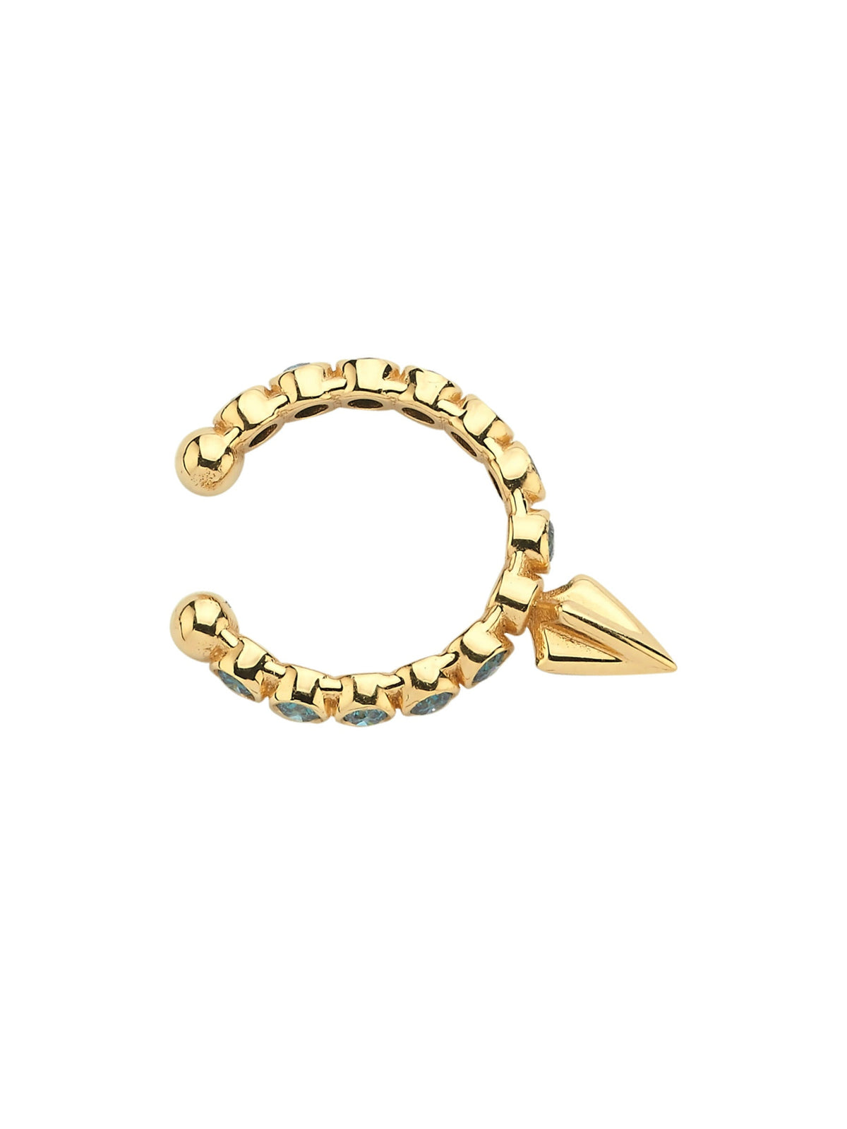 18k gold stacking earcuff with blue diamond and stackable and no piercing required, close-up | MIREL Fine Jewelry
