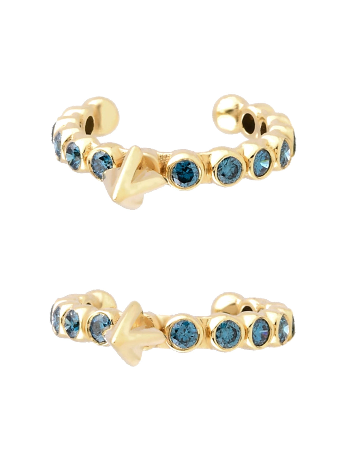 18k gold stacking earcuff with blue diamond and stackable and no piercing required, worn view | MIREL Fine Jewelry