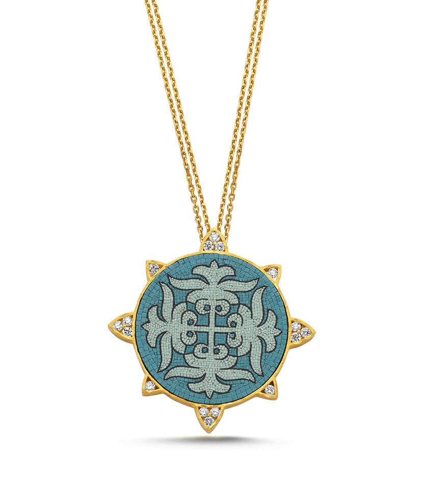 18k gold pendant necklace with hand-set stone tesserae, High Jewelry Micromosaics | MIREL Fine Jewelry